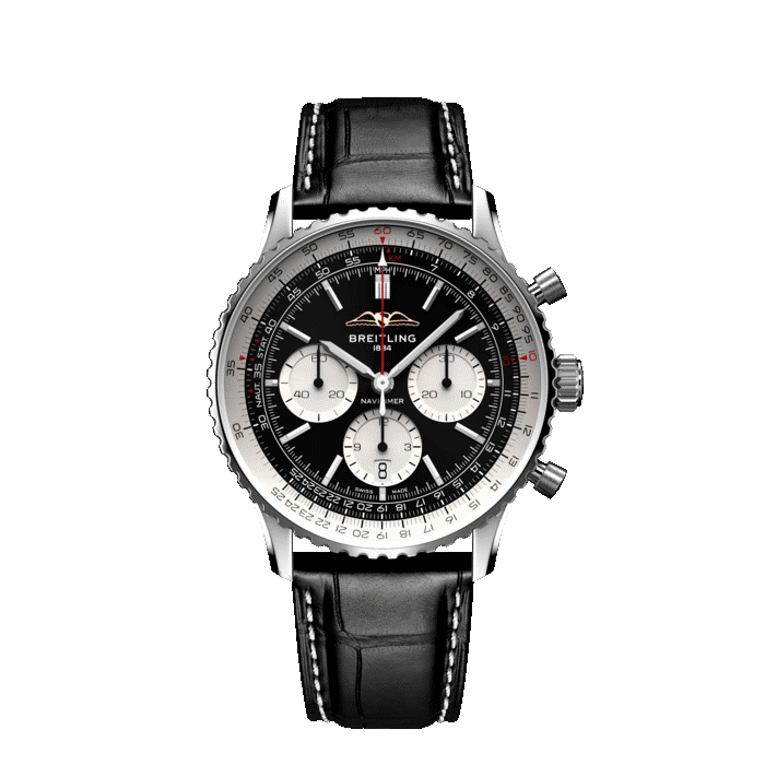Breitling Navitimer B01 Chronograph 43MM watch with black dial and black leather strap