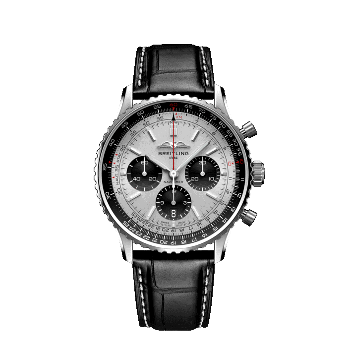 Breitling Navitimer B01 Chronograph 43MM watch with silver dial and black leather strap