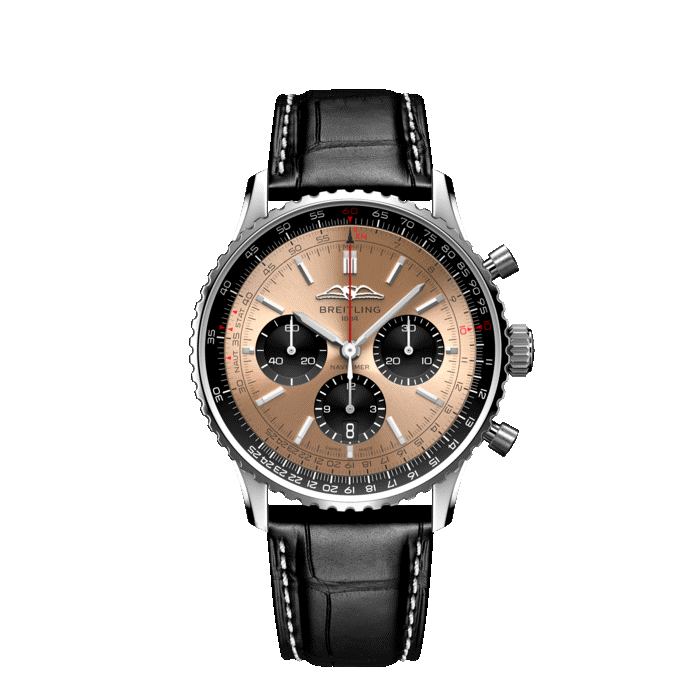 Breitling Navitimer B01 Chronograph 43MM watch with copper colored dial and black leather strap