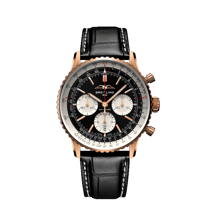 Breitling Navitimer B01 Chronograph 43MM with black dial, 18K rose gold case, and black leather strap