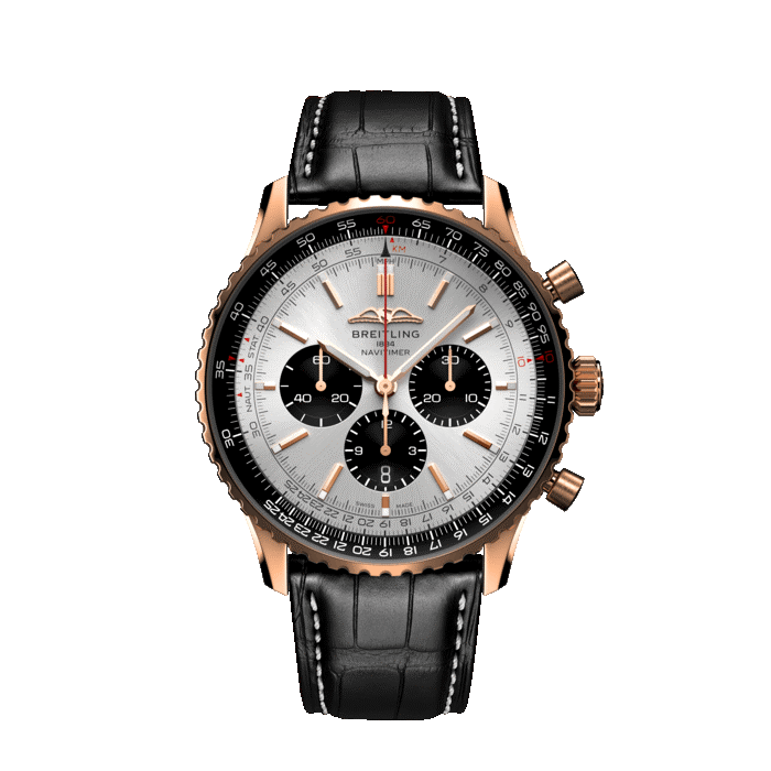 Breitling Navitimer Chronograph B01 46MM with silver dial, 18K rose gold case and black leather strap