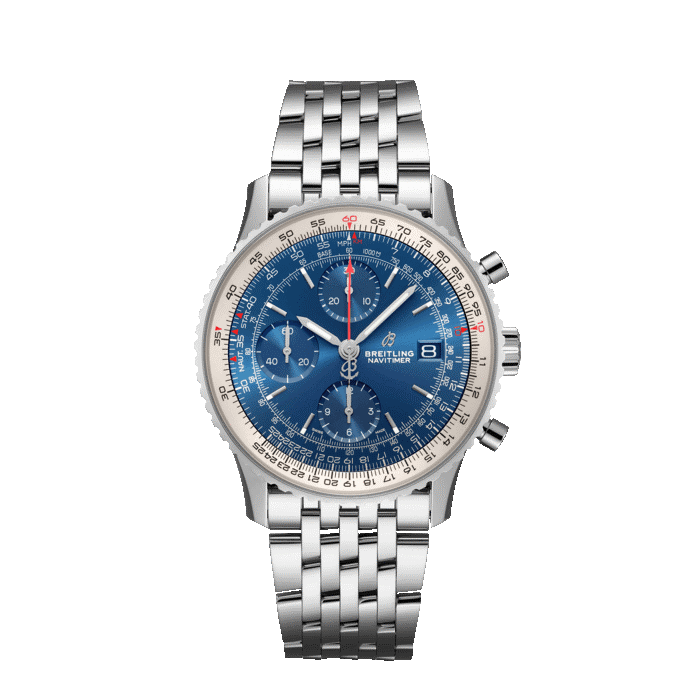 Breitling Navitimer Chrongraph watch with stainless steel bracelet and aurora blue dial