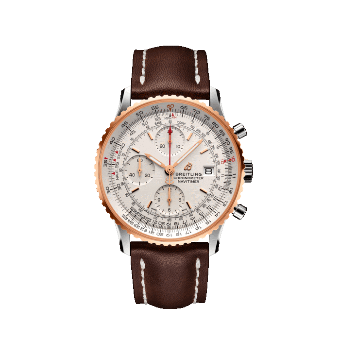 Breitling Navitimer Chronograph 41mm steel and 18K rose gold watch with mercury silver dial and brown leather strap