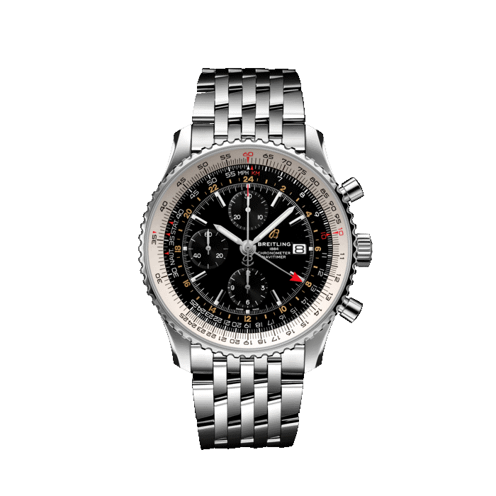 Breitling Navimiter Chronograph GMT steel watch with black dial and stainless steel bracelet