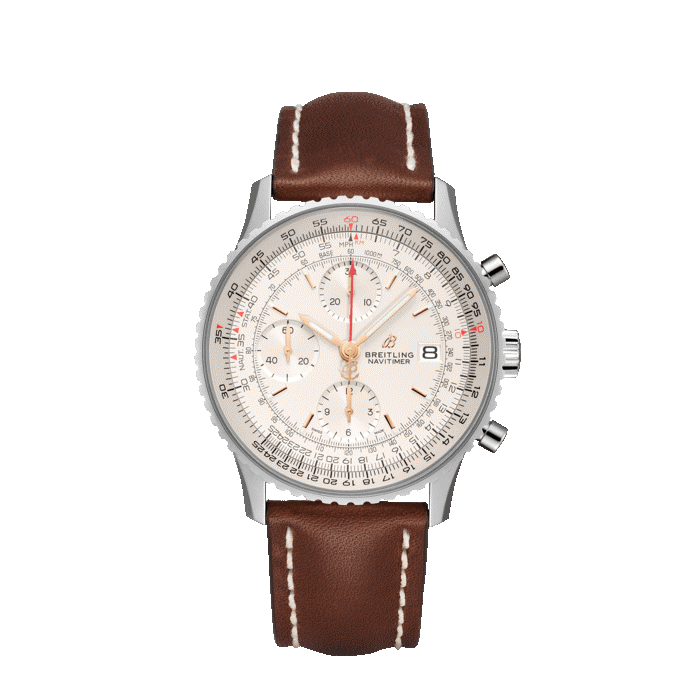 Breitling Navitimer Chronograph steel watch with mercury silver dial and brown leather strap.