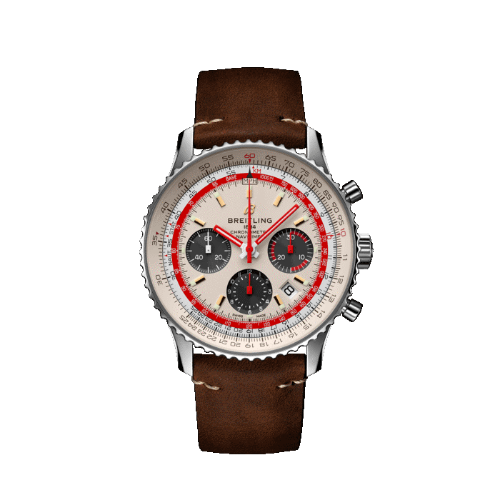 Breitling Navitimer B01 Chronograph TWA steel watch with white and red dial and brown leather strap