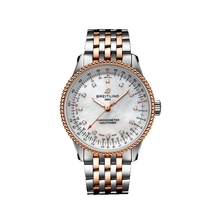 Breitling Navitimer watch for women with mother of pearl dial and rose gold and stainless steel bracelet.