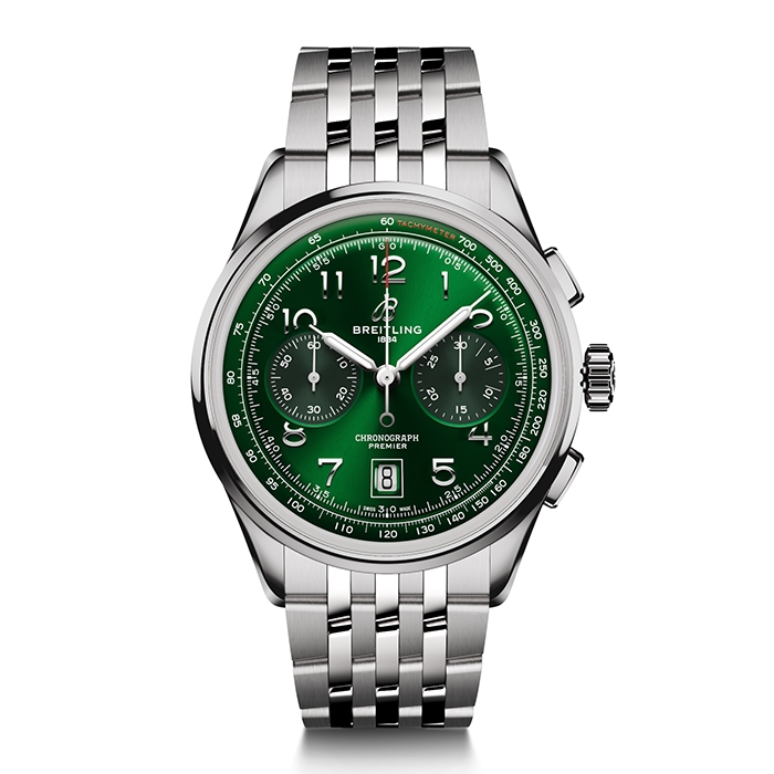 Breitling Premier chronograph with green dial and stainless steel bracelet