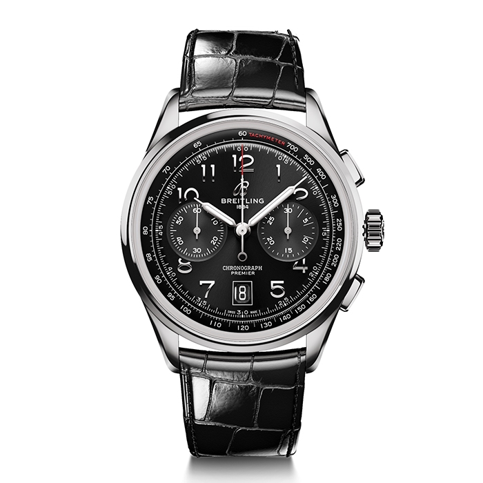 Breitling Premier chronograph with black dial and black leather strap