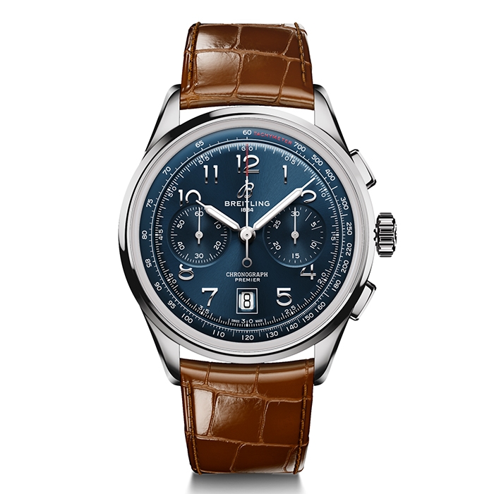 Breitling Premier chronograph with blue dial and brown leather strap