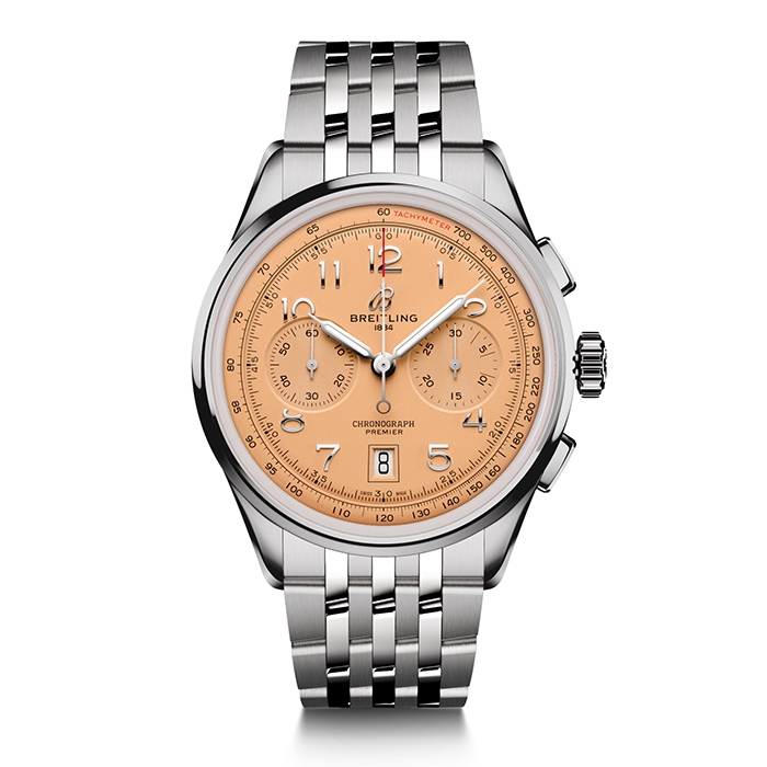 Breitling Premier chronograph with copper dial and stainless steel bracelet