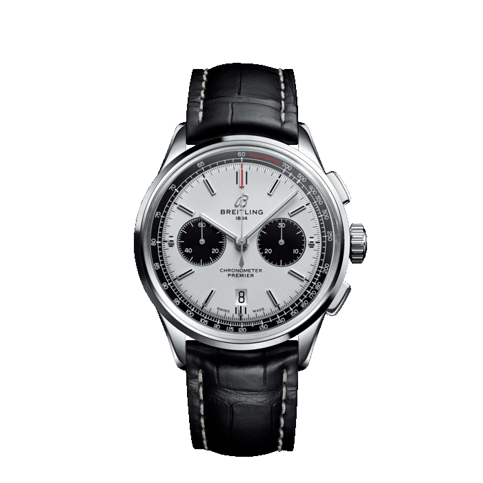 Breitling Premier B01 Chronograph with white dial and black leather strap