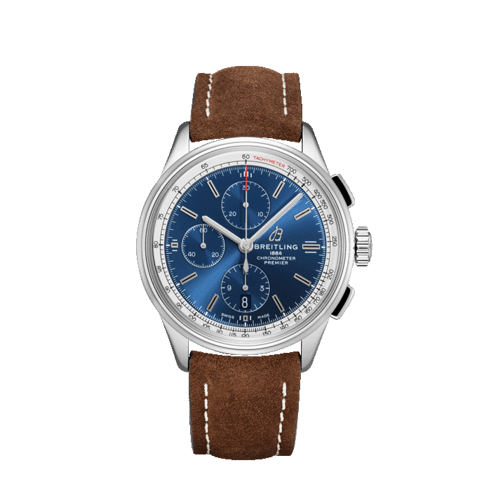 Breitling Premier Chronograph 42MM watch with blue dial and brown leather strap