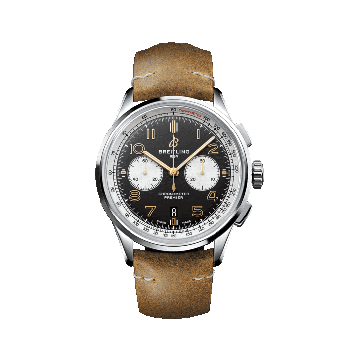 Breitling Premier B01 Chronograph watch with black dial and tan strap