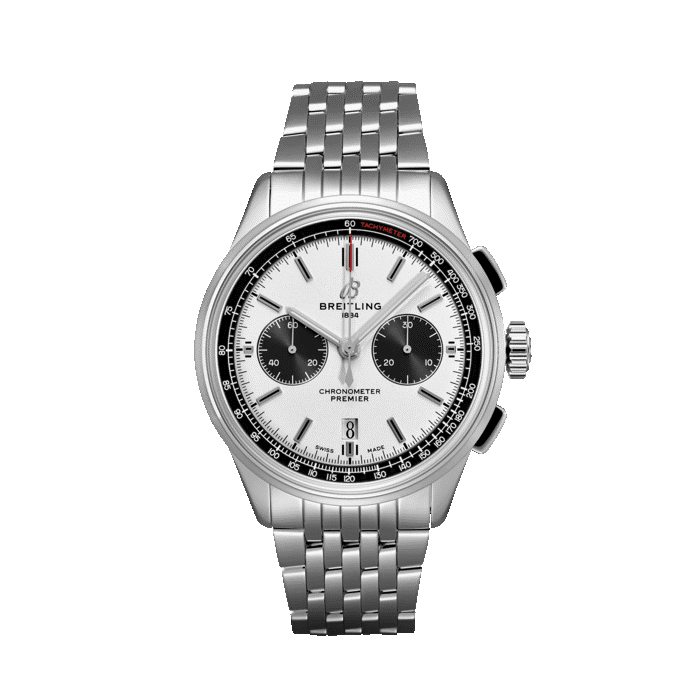 Breitling Premier B01 Chronograph watch with silver dial and stainless steel bracelet