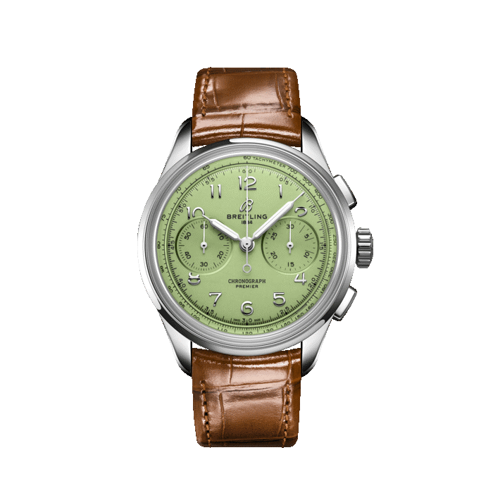 Breitling Premier watch for  men with brown leather strap and pistachio green dial.