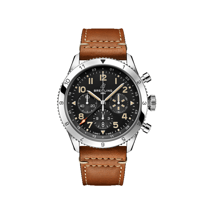 Breitling Super AVI Chronograph watch with black dial and brown leather strap.