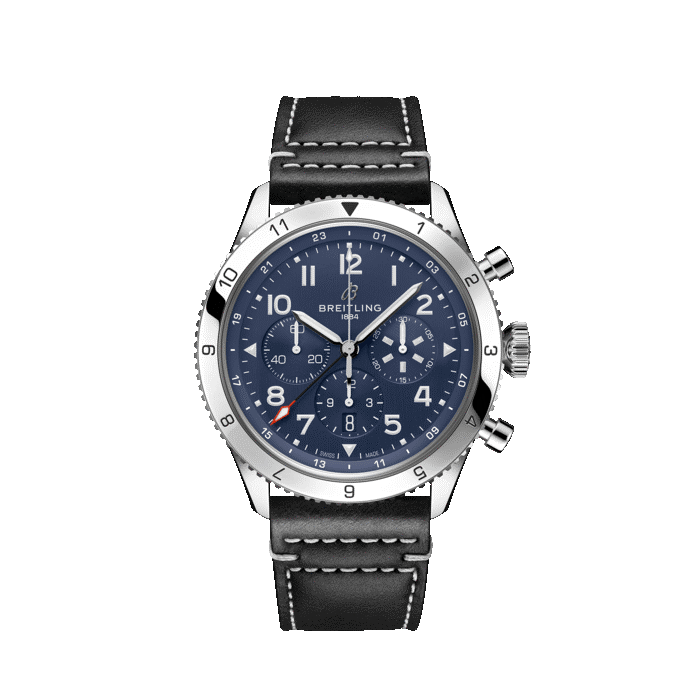 Breitling Super AVI Chronograph watch for men with blue dial and black leather strap