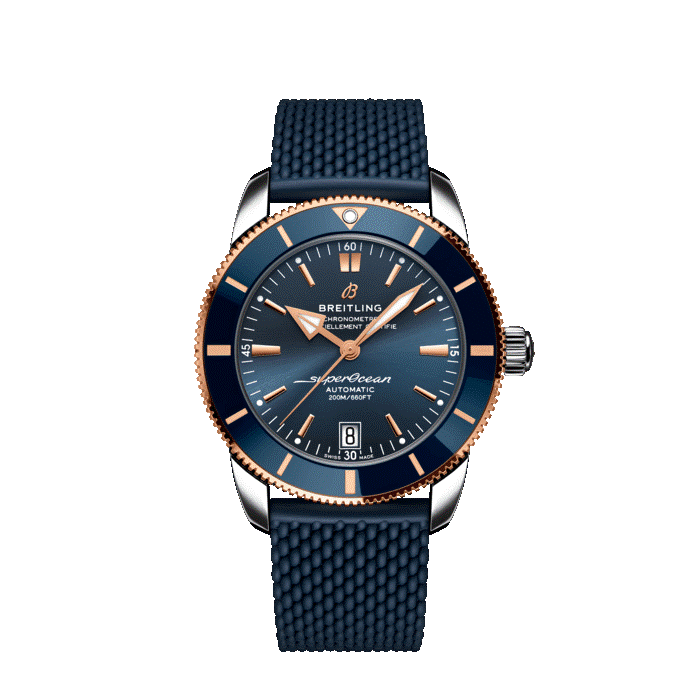 Breitling Superocean Heritage B20 Automatic 42MM with blue and 18K rose gold dial and blue rubber strap.