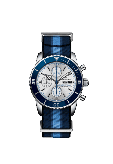 Breitling Superocean Heritage Chronograph 44MM with silver dial and blue striped nylon strap.