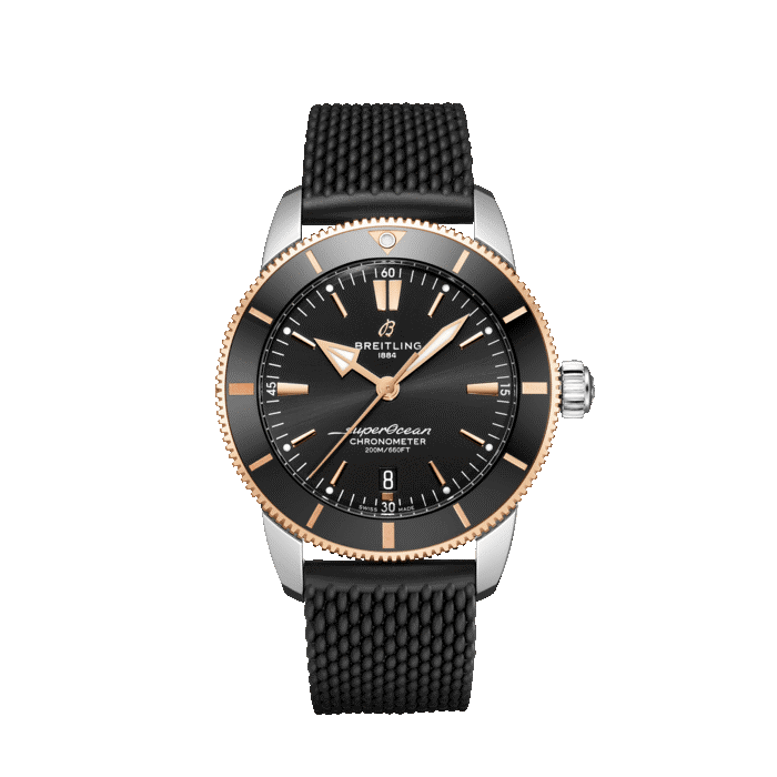 Breitling Superocean Heritage B20 Automatic steel and 18K rose gold watch with black dial and black rubber strap