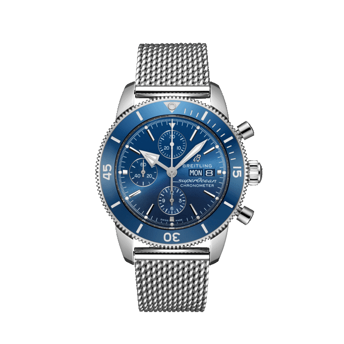Breitling Superocean Heritage Chronograph steel watch with blue dial and steel bracelet