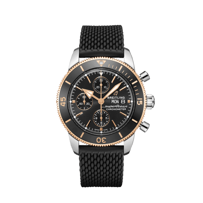 Breitling Superocean Chronograph steel and 18K rose gold watch with volcano black dial and black rubber bracelet