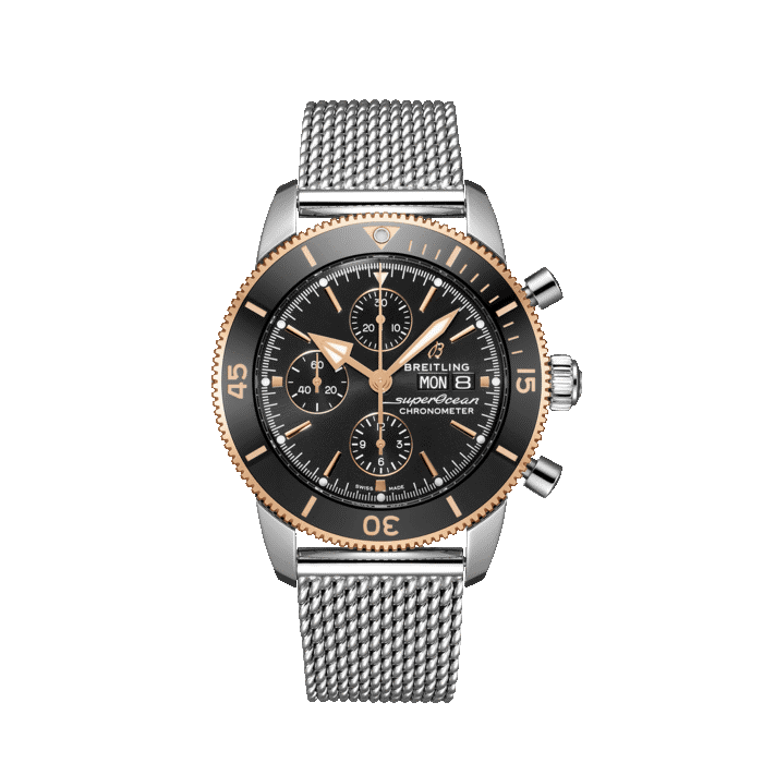 Breitling Superocean Heritage Chronograph 44MM steel and 18K rose gold watch with volcano black dial and steel bracelet