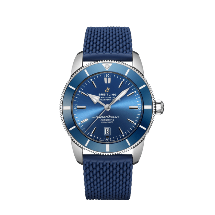 Breitling Superocean Heritage B20 Automatic steel watch with gun blue dial and blue rubber strap