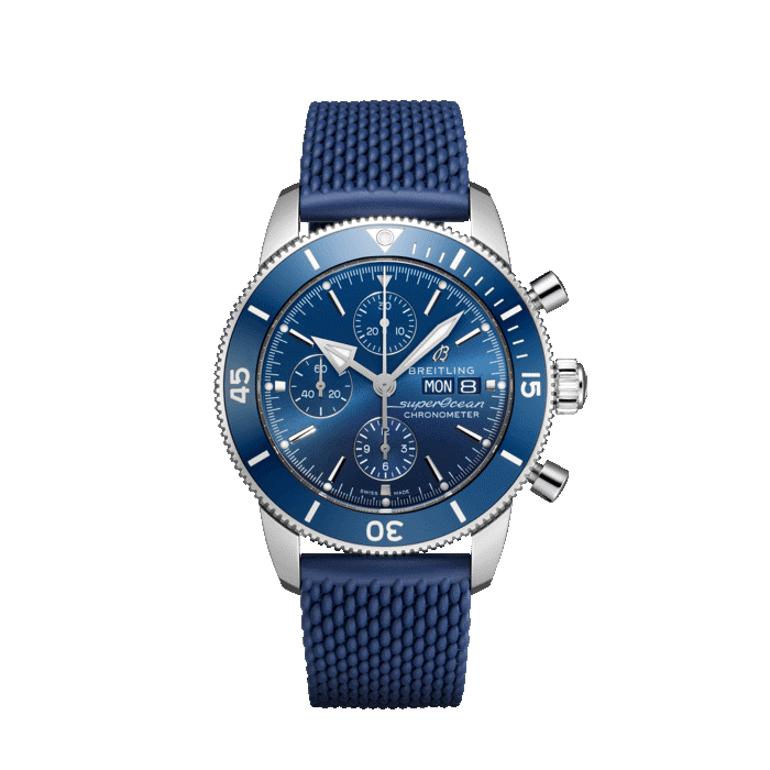 Breitling Superocean Heritage Chronograph 44MM steel watch with blue dial and blue rubber strap