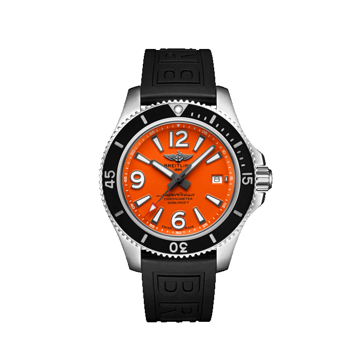 Breitling Superocean Automatic 42MM steel watch with orange dial and black strap
