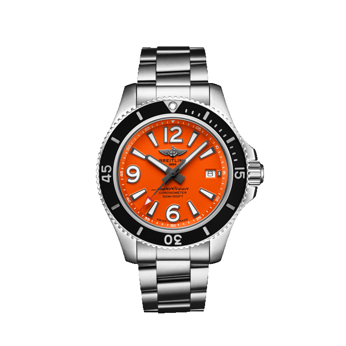 Breitling Superocean Automatic 42MM steel watch with orange dial and steel bracelet