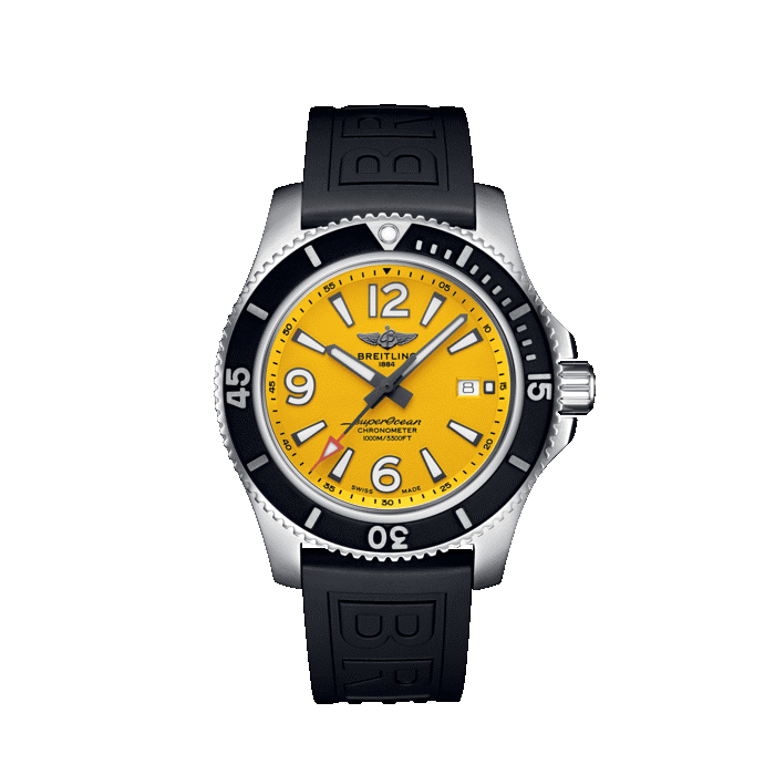 Breitling Superocean watch for men with yellow dial and black rubber strap.