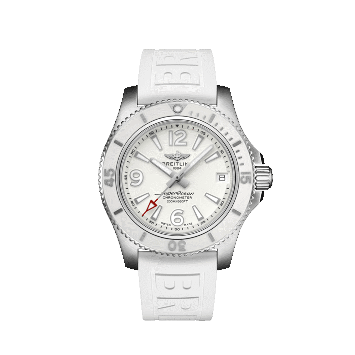 Breitling Superocean AUTOMATIC 36 watch with white dial and white strap.