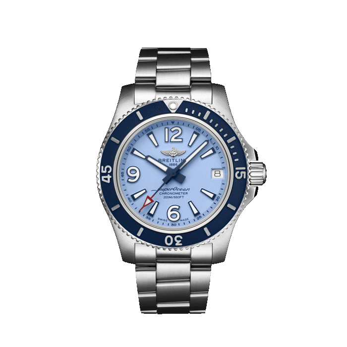 Breitling SUPEROCEAN AUTOMATIC 36 watch with blue dial and stainless steel bracelet.