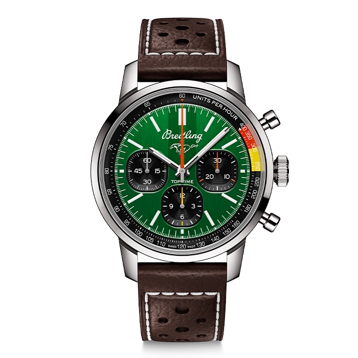 Breitling Top Time Ford Mustang watch with green dial and brown leather strap