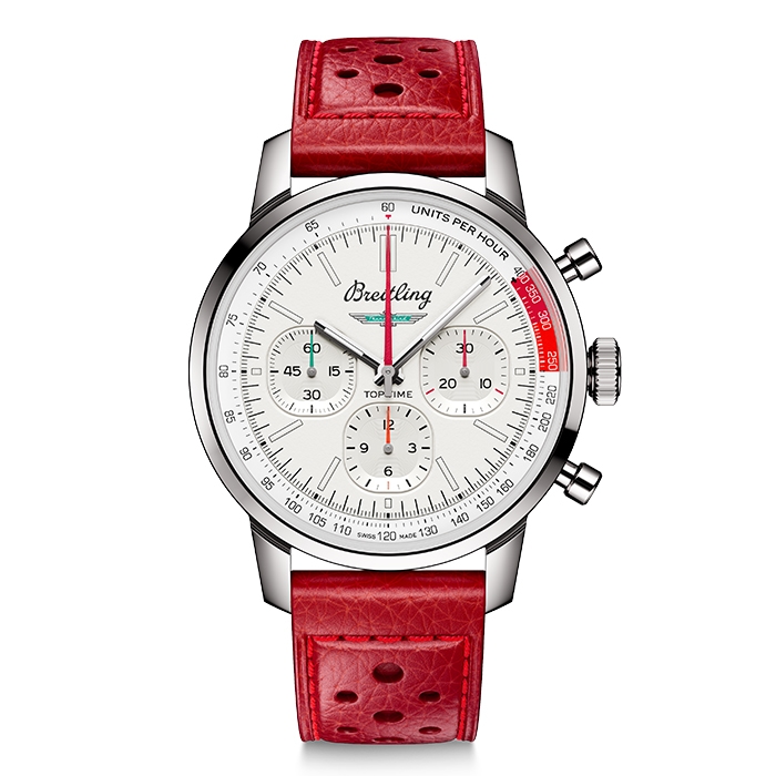Breitling Top Time Ford Thunderbird watch with white dial and red leather strap