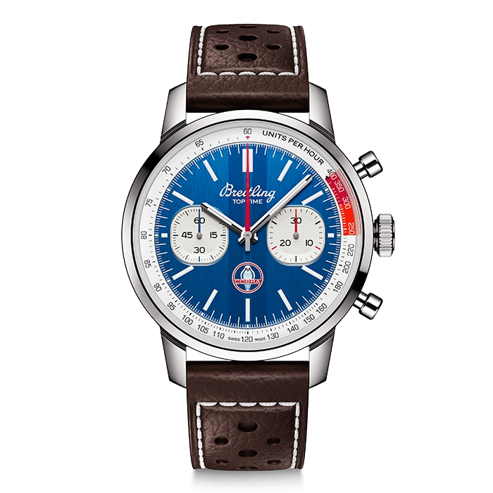 Breitling Top Time Shelby Cobra watch with blue dial and brown leather strap