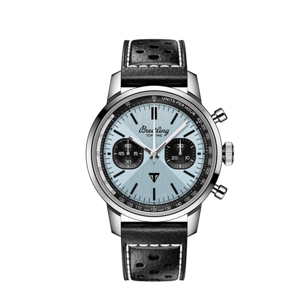 Bretiling Top Time B01 Triumph watch with ice blue dial and black leather strap