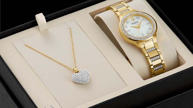 Image of a Bulova women's watch and necklace gift set 