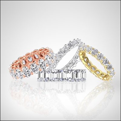 Image of Chosen Eternity bands in yellow gold, rose gold, and yellow gold, featuring princess cut, cushion cut, emerald cut, and oval cut diamonds.