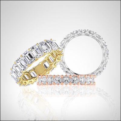 Image of yellow gold, rose gold, and white gold Chosen Eternity bands featuring emerald cut, princess cut, and cushion cut.