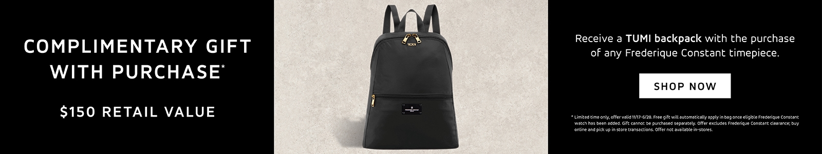 Receive a free TUMI backpack with purchase of Frederique Constant watch
