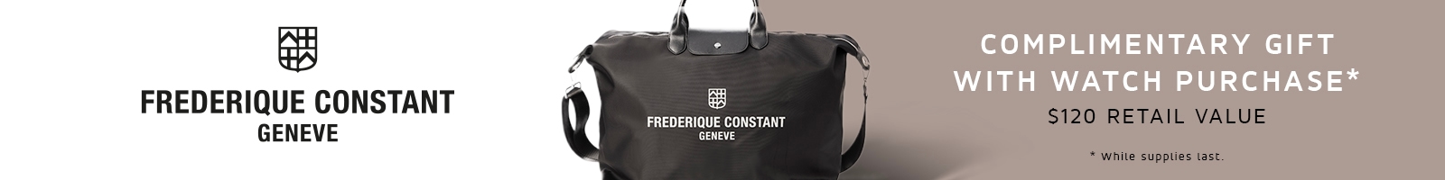 Free tote bag with any Frederique Constant watch purchase, $120 value, while supplies last