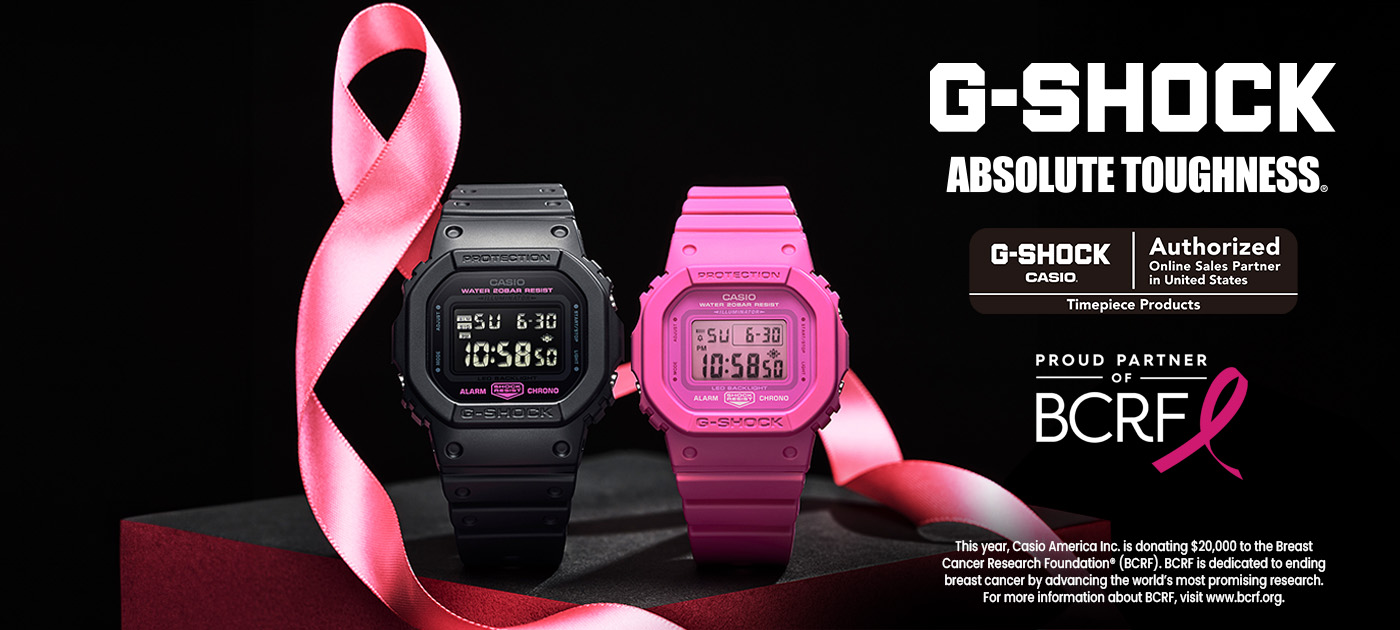 Shop BCRF Go Pink watches at Jared, banner featuring Men's Watch DW5600PK-1 and Classic Women's Watch GMDS5610PK-4.