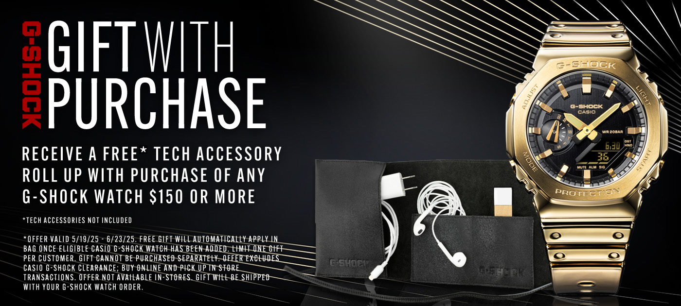 G-Shock Watches Gift With Purchase | Receive a tech accessory roll up with purchase of any G-Shock Watch $150 or more.