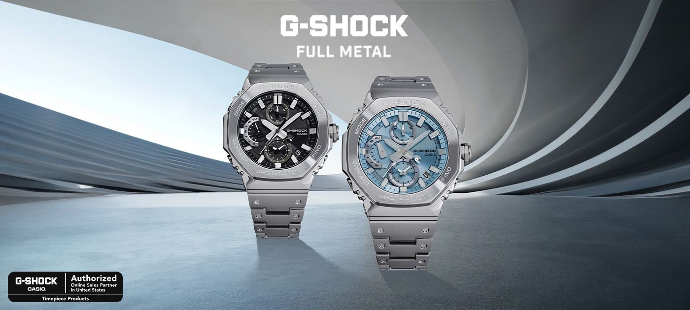 G-Shock Full Metal banner featuring two men's watches.