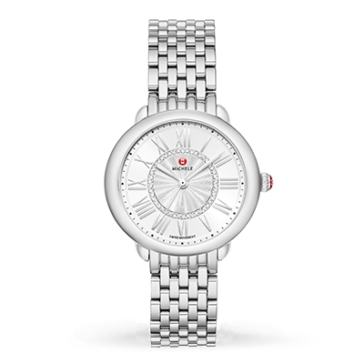 Michele women's stainless steel Serein watch with white diamond dial.