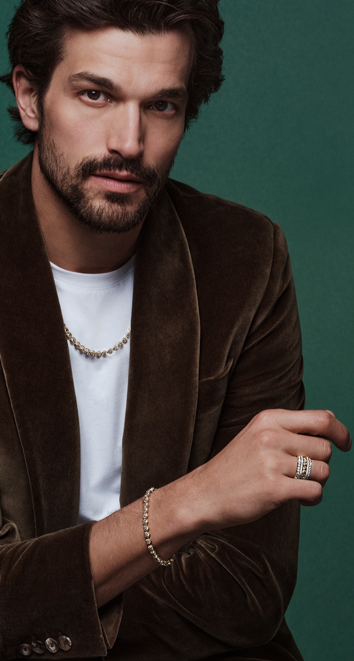 Male model wearing New Fashioned Jared Bourbon diamond collection