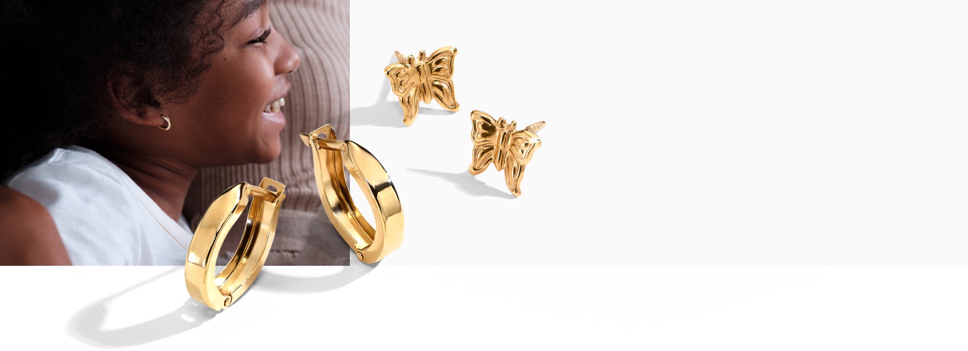 Young girl wearing gold earrings from Jared next to close up gold earrings.